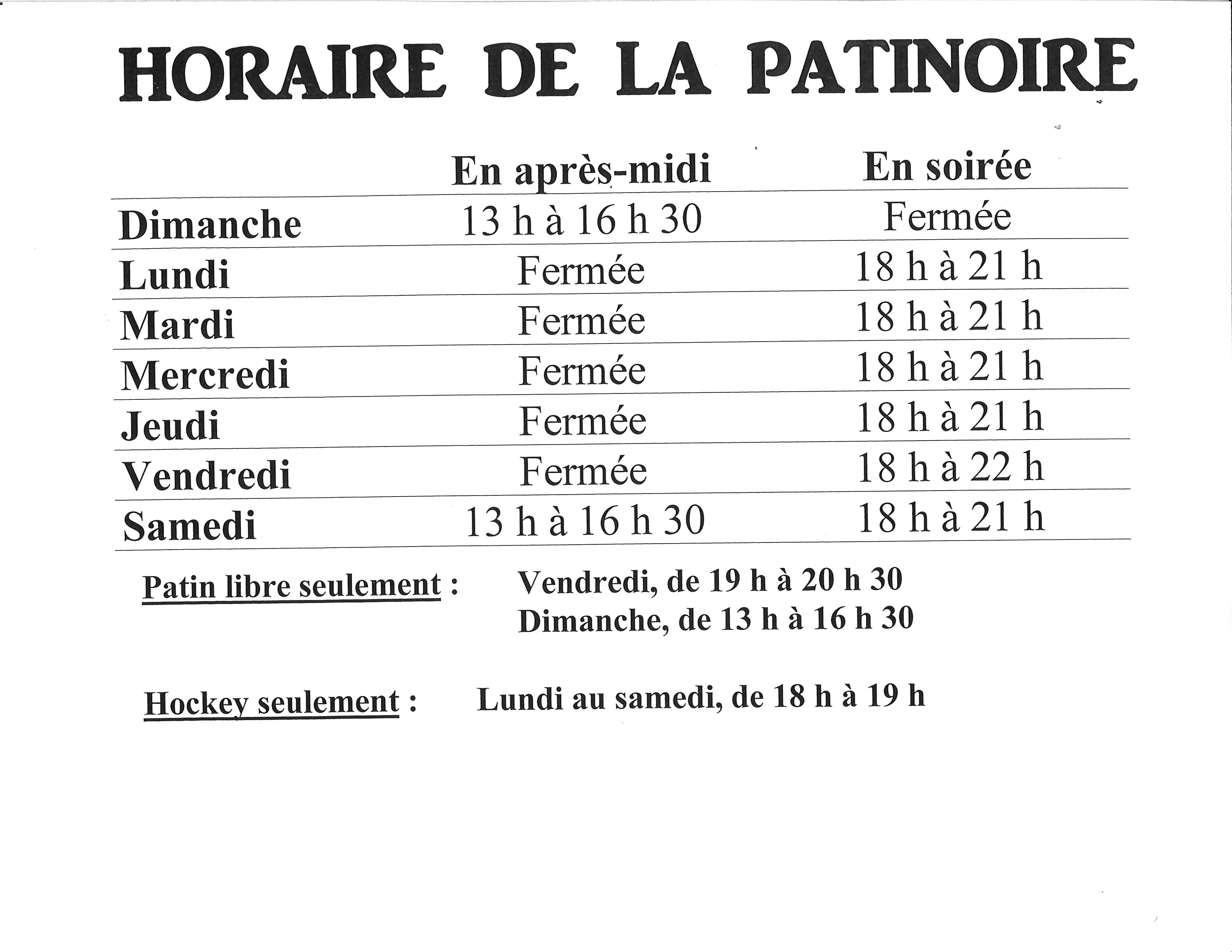 2023 horaire patinoire